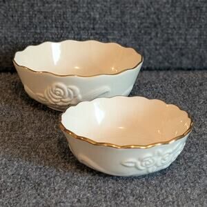Lenox Rosebud Collection Vtg 80s Pair of Cream Gold Scalloped Rim Candy Dishes